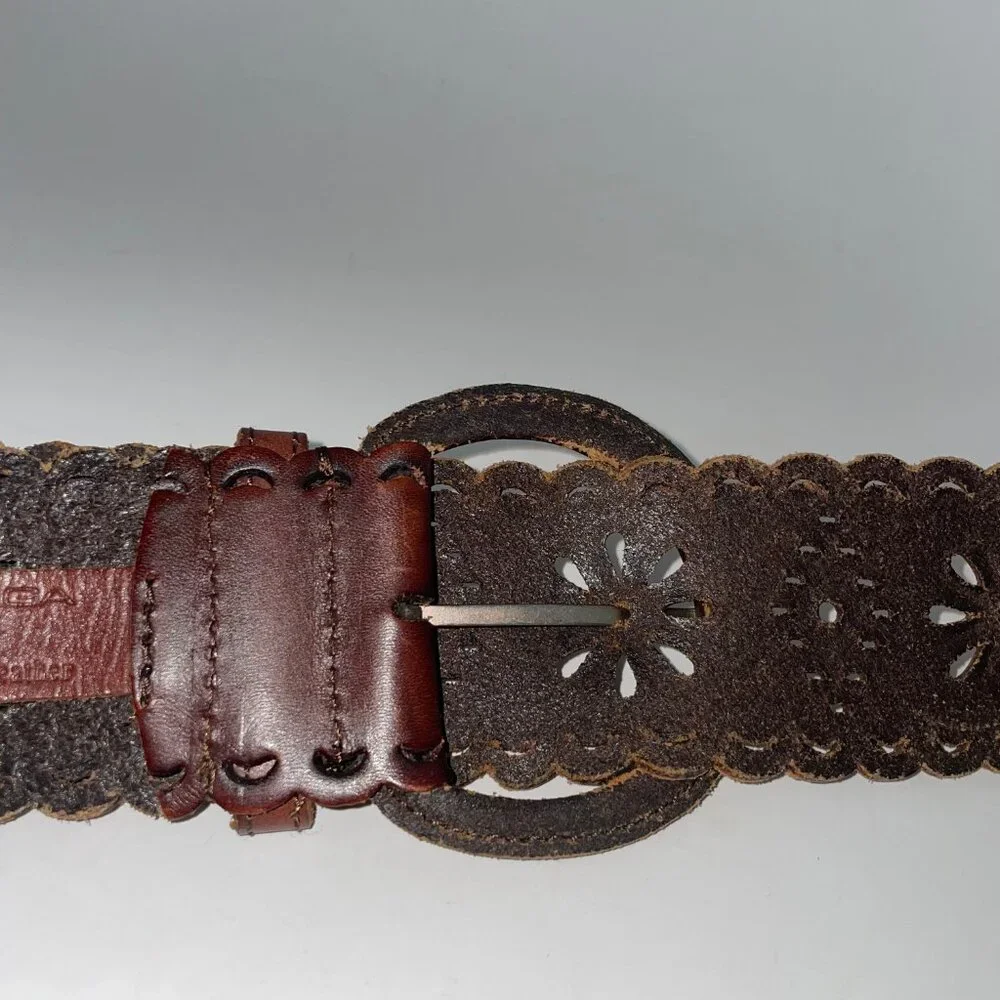 Via Spiga Brown Leather Belt Boho Cut-Out Design Size L Hippie Boho - Picture 5 of 8